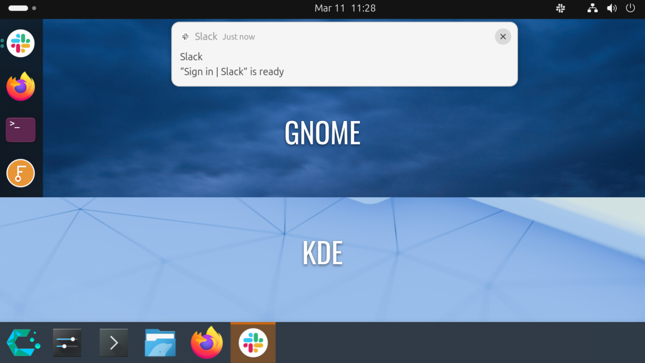 Screenshot comparing what happens when Slack tries to focus itself on GNOME and KDE